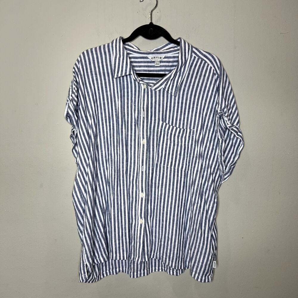 Orvis Womens XXL Navy White Striped Linen Rayon Short Sleeve Button Up Shirt‎